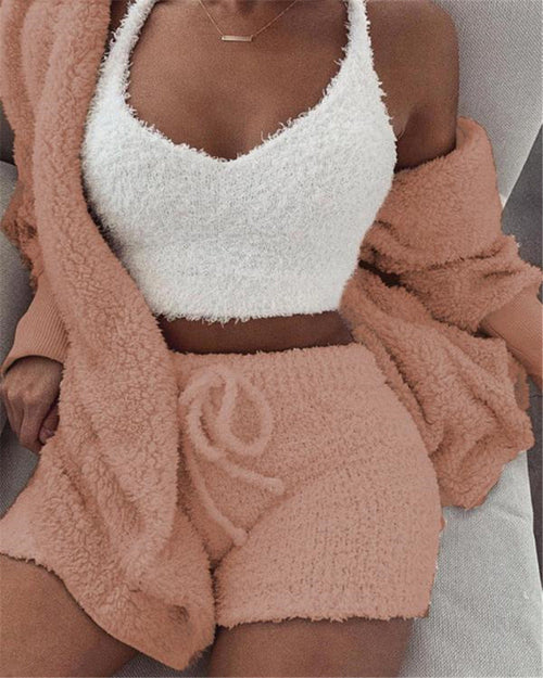 3pcs Women's Loungewear Set – Cozy Crop Tank, Drawstring Shorts & Long