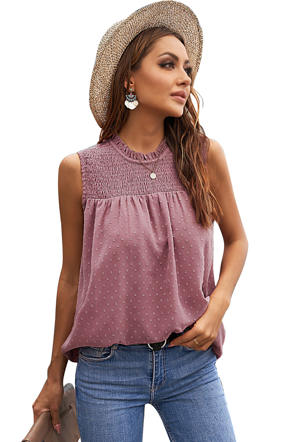 Green Swiss Dot Smocked Crew Neck Tank