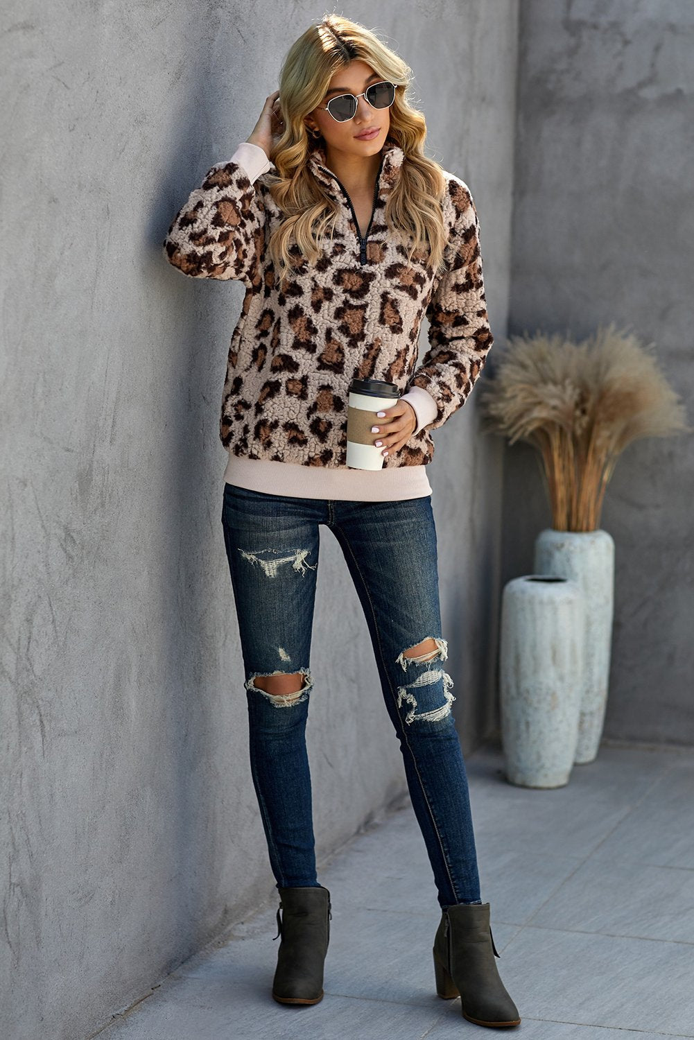 1/4 Zip Elastic Cuff Fashion Print Sherpa Pullover