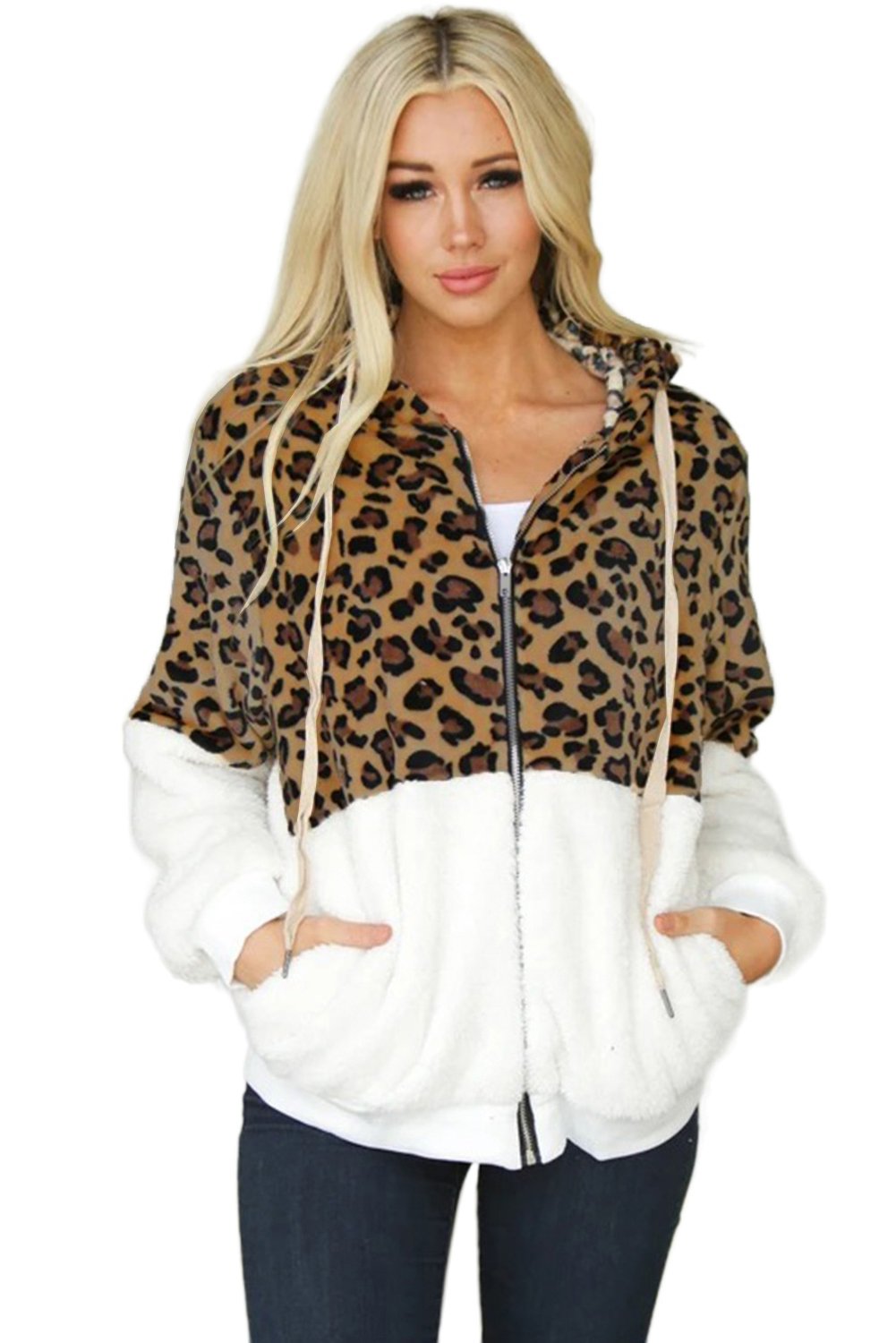 Leopard Color Block Sherpa Zip Up Coat