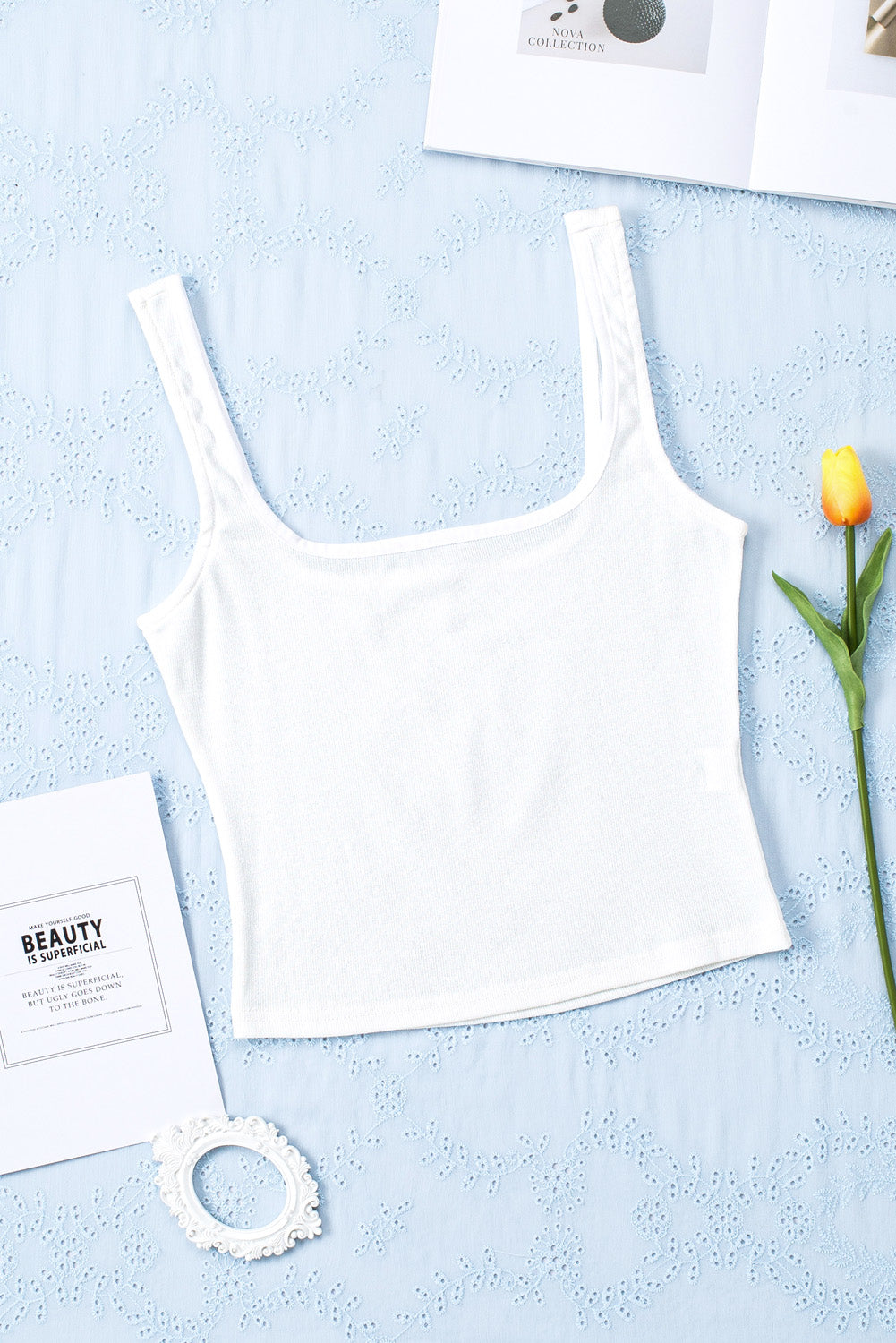 White Ribbed Knit Skinny Square Neck Tank Top