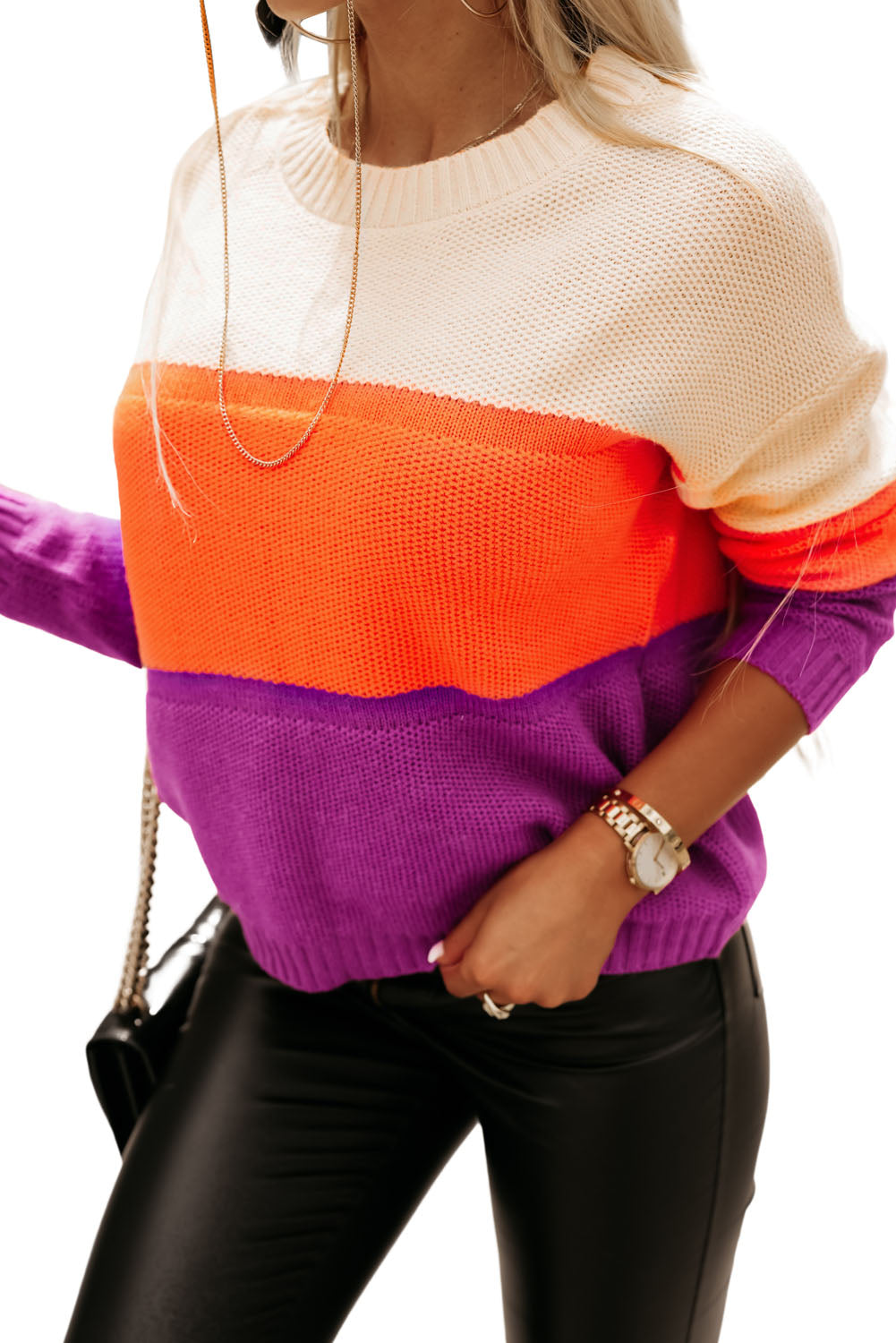 Brown Stripe Color Block Drop Shoulder Round Neck Knit Sweater