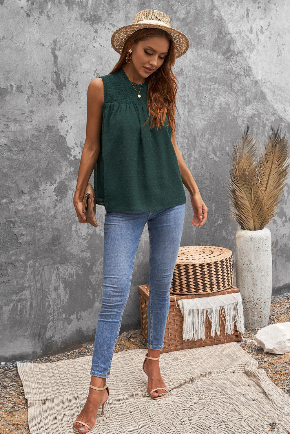 Green Swiss Dot Smocked Crew Neck Tank
