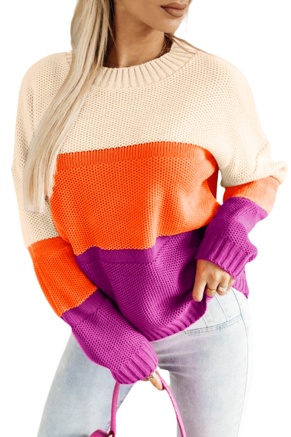 Brown Stripe Color Block Drop Shoulder Round Neck Knit Sweater