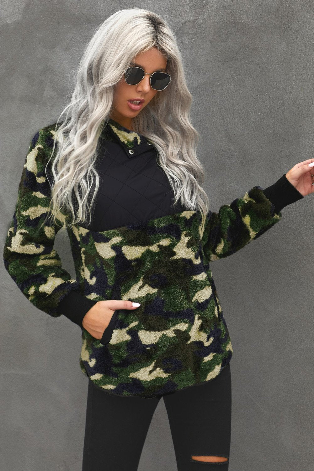 Camo Print Sherpa Pullover Sweatshirt
