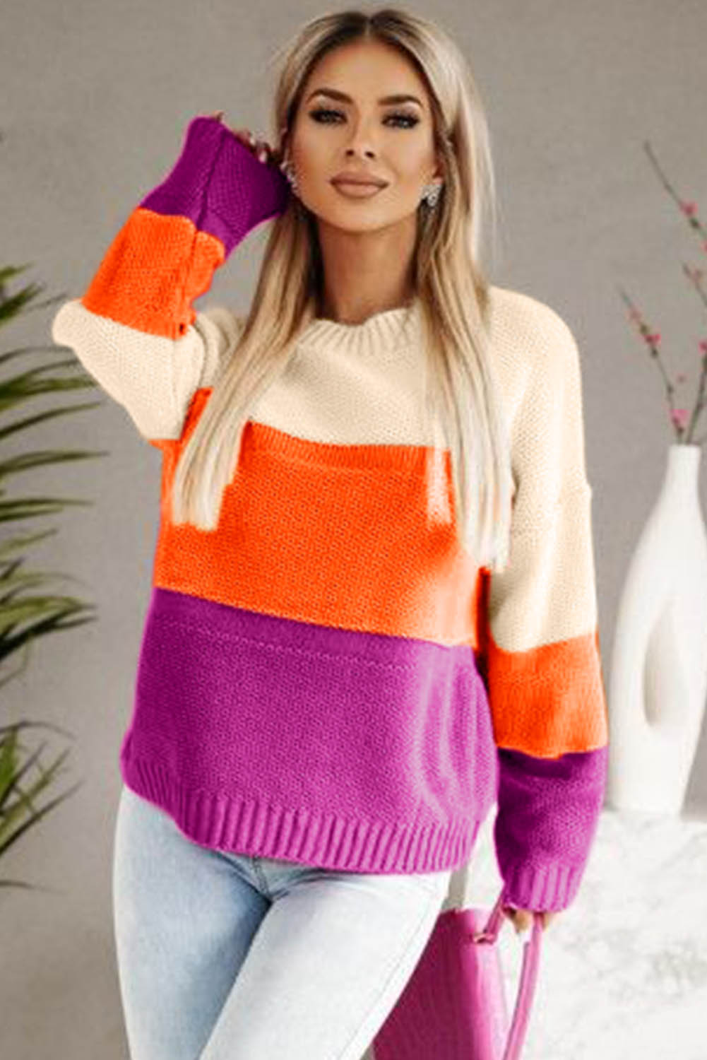 Brown Stripe Color Block Drop Shoulder Round Neck Knit Sweater