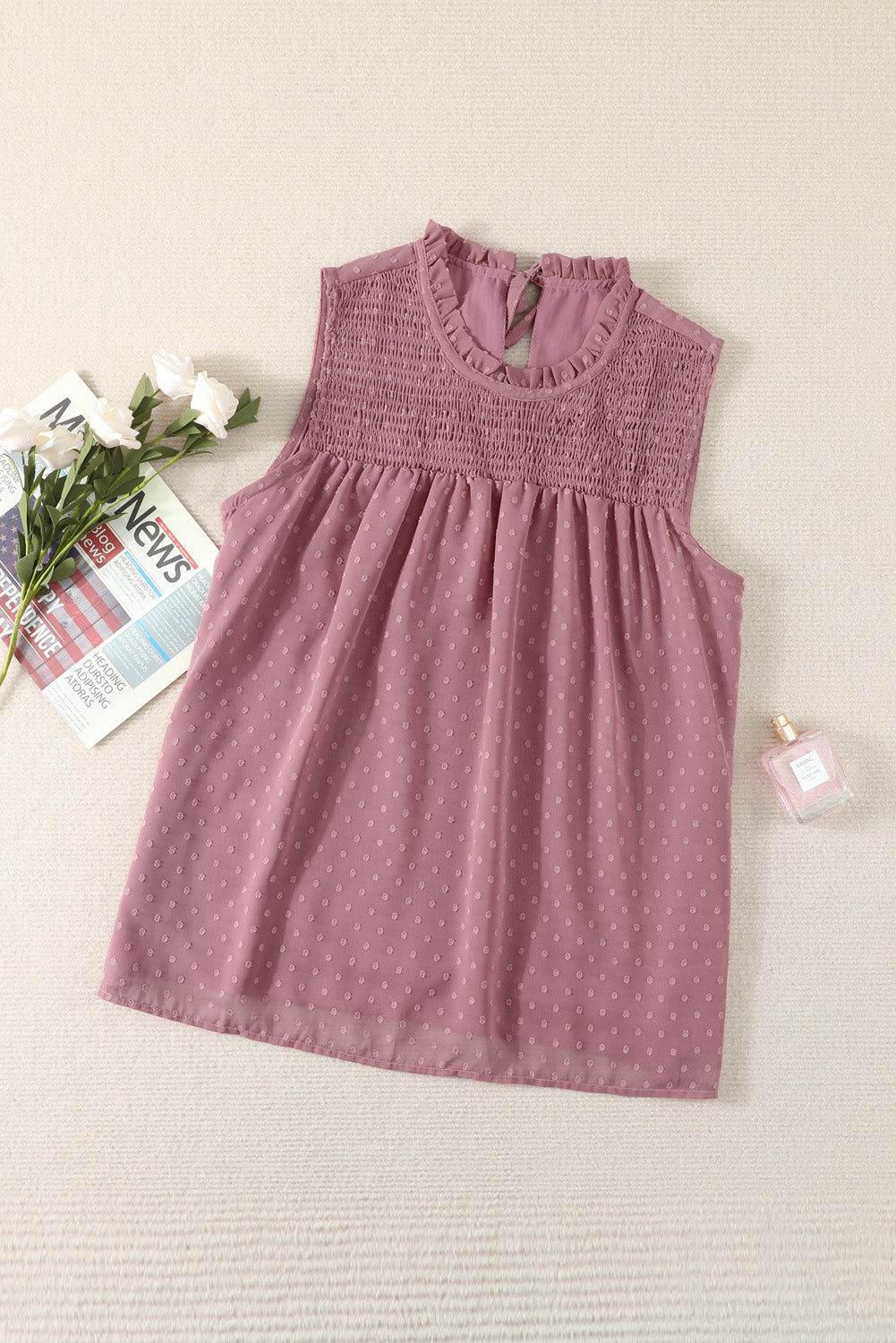 Green Swiss Dot Smocked Crew Neck Tank