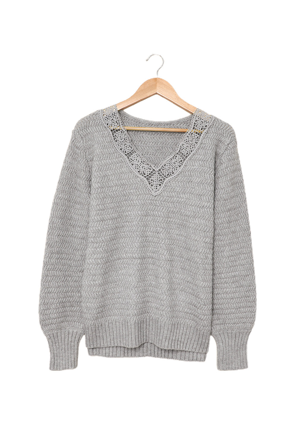 Gray Lace Scalloped V-Neck Side Split Loose Sweater