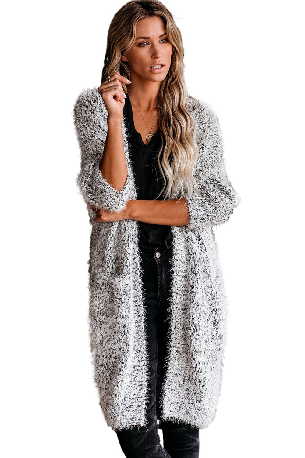 Fuzzy Knit Cardigan with Pockets