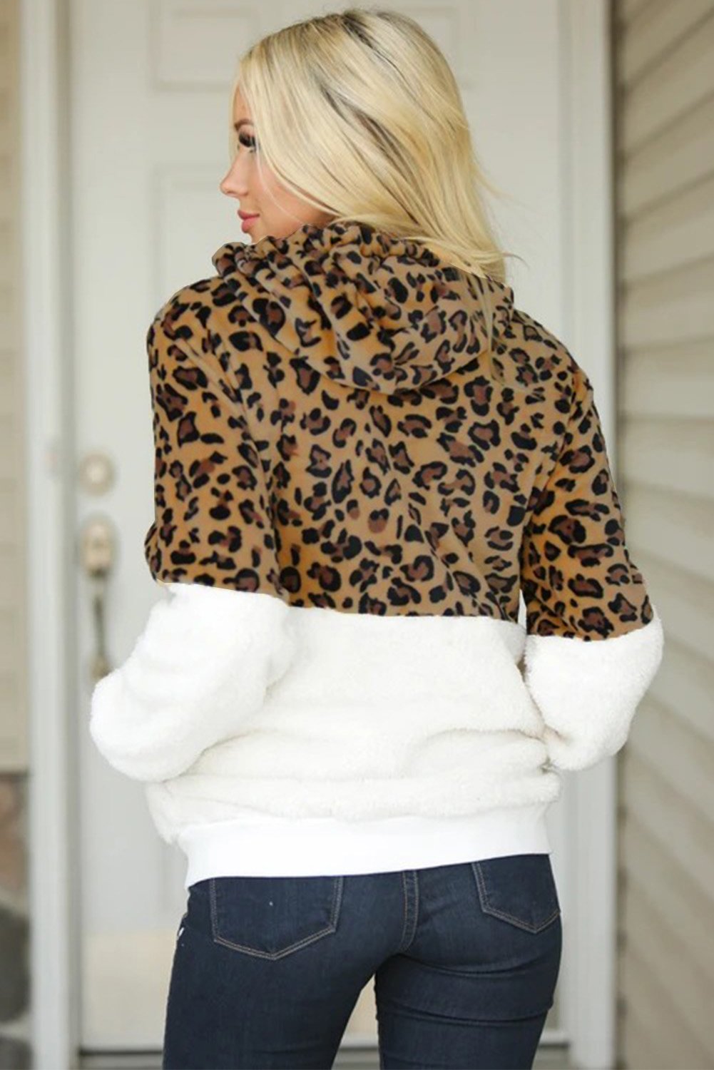 Leopard Color Block Sherpa Zip Up Coat