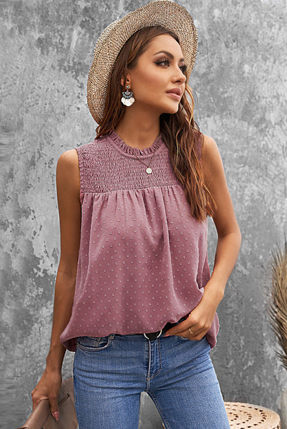Green Swiss Dot Smocked Crew Neck Tank