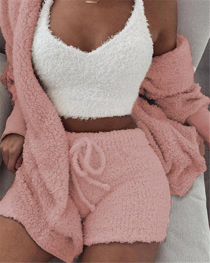 3pcs Women's Loungewear Set – Cozy Crop Tank, Drawstring Shorts & Long