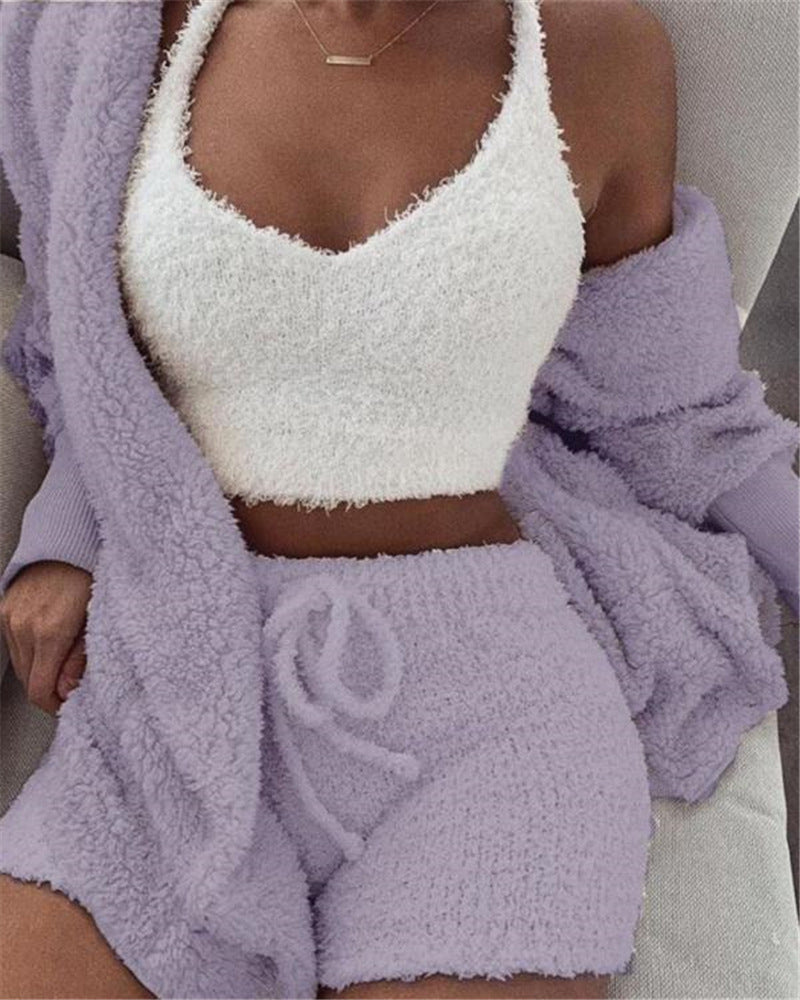 3pcs Women's Loungewear Set – Cozy Crop Tank, Drawstring Shorts & Long