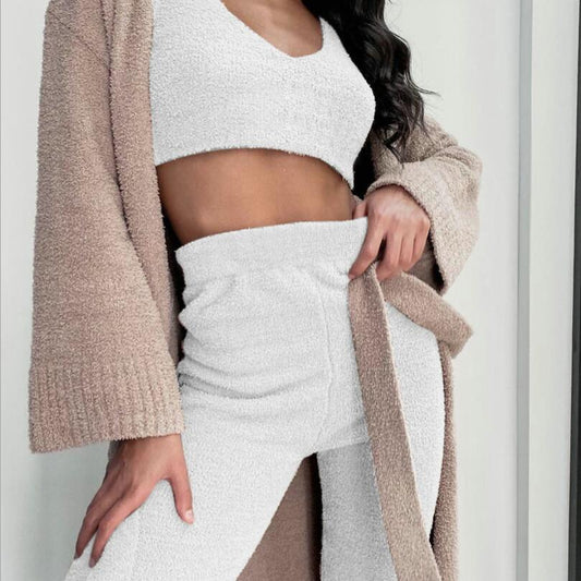 3pcs Women's Loungewear Set – Cozy Crop Tank, Drawstring Shorts & Long