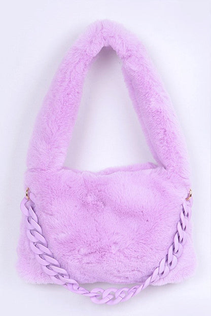 Faux Fur Chain Accent Shoulder Bag
