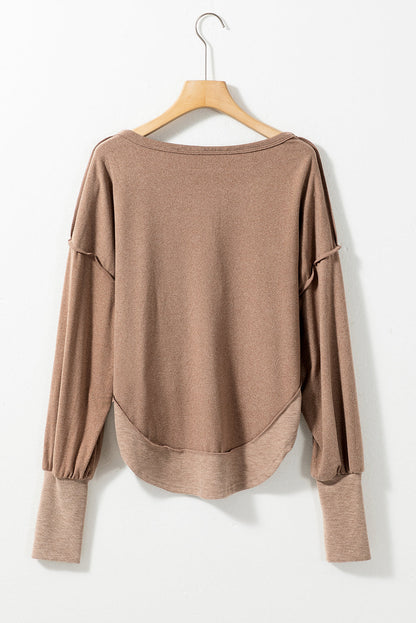 Dark Brown Exposed Seam Ribbed Thumbhole Sleeve Buttoned Sweatshirt