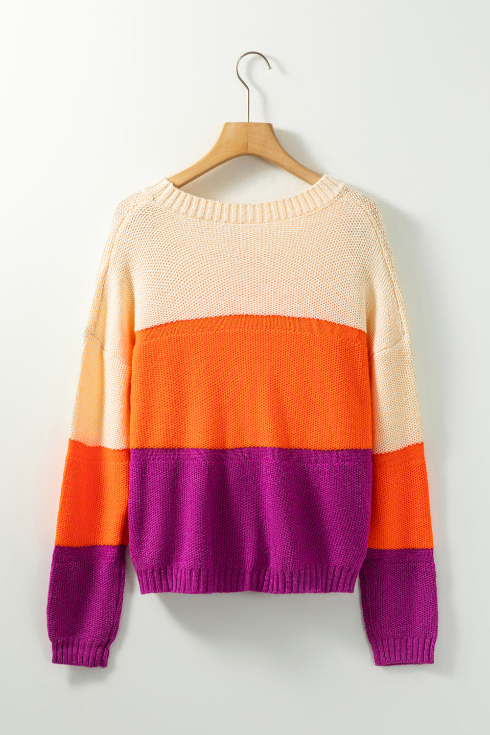 Brown Stripe Color Block Drop Shoulder Round Neck Knit Sweater