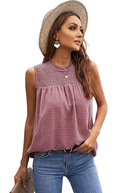 Green Swiss Dot Smocked Crew Neck Tank
