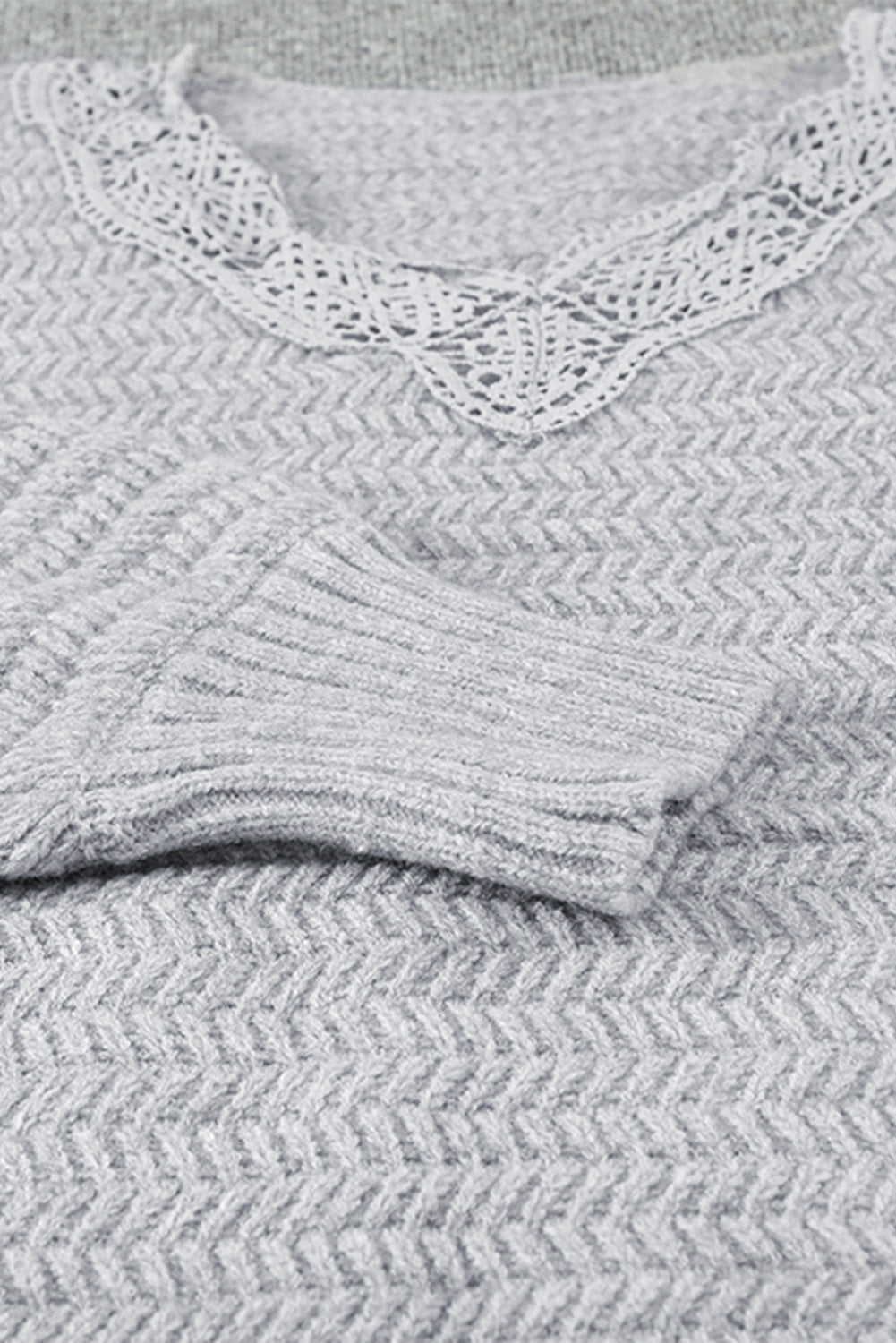 Gray Lace Scalloped V-Neck Side Split Loose Sweater