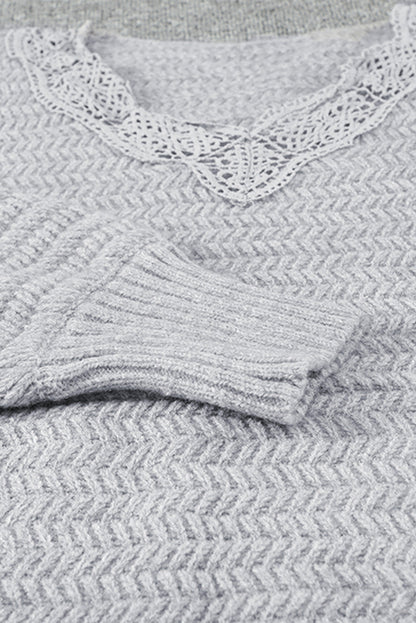 Gray Lace Scalloped V-Neck Side Split Loose Sweater