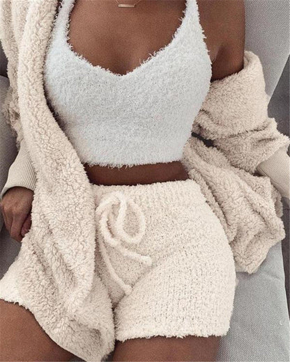 3pcs Women's Loungewear Set – Cozy Crop Tank, Drawstring Shorts & Long