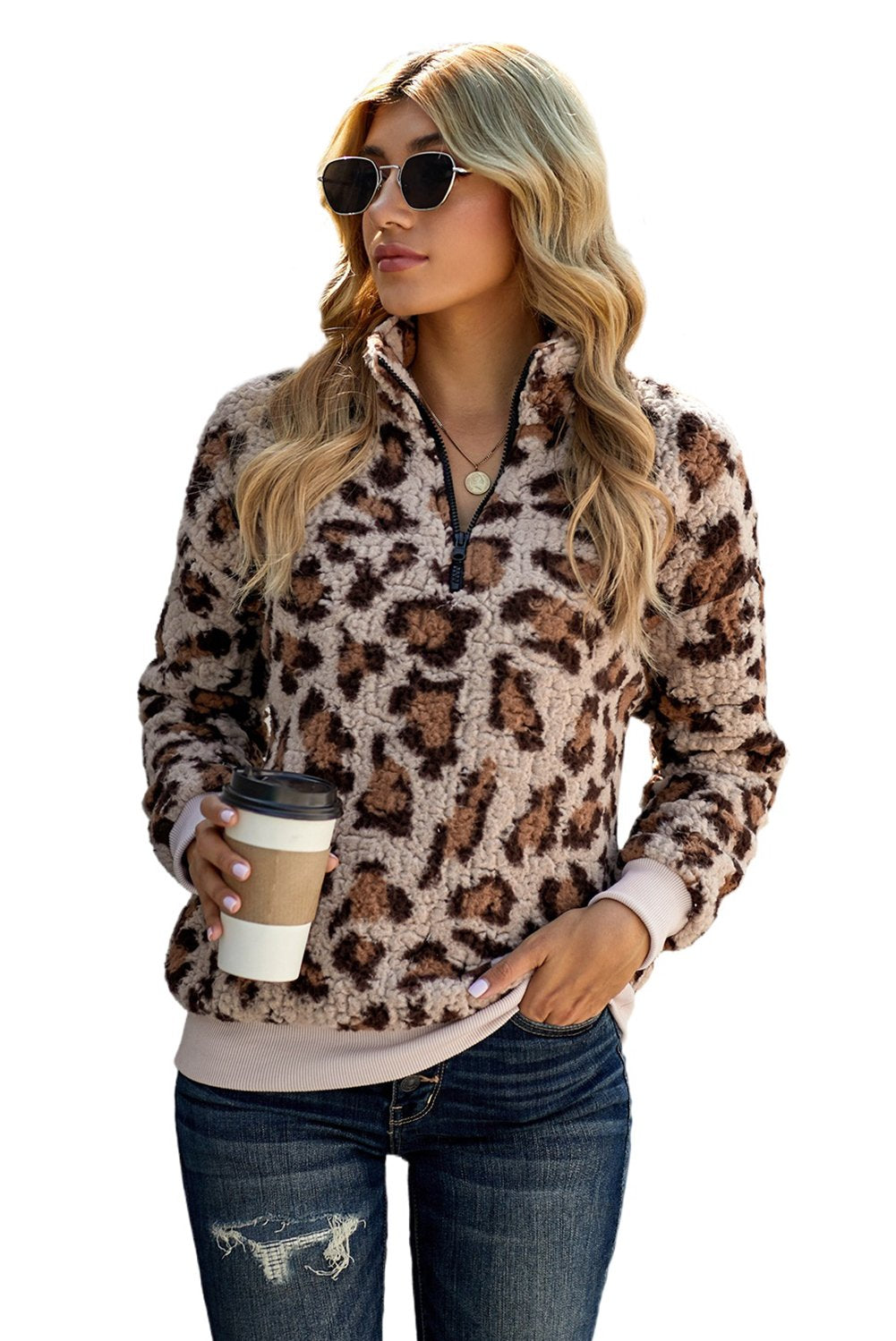 1/4 Zip Elastic Cuff Fashion Print Sherpa Pullover