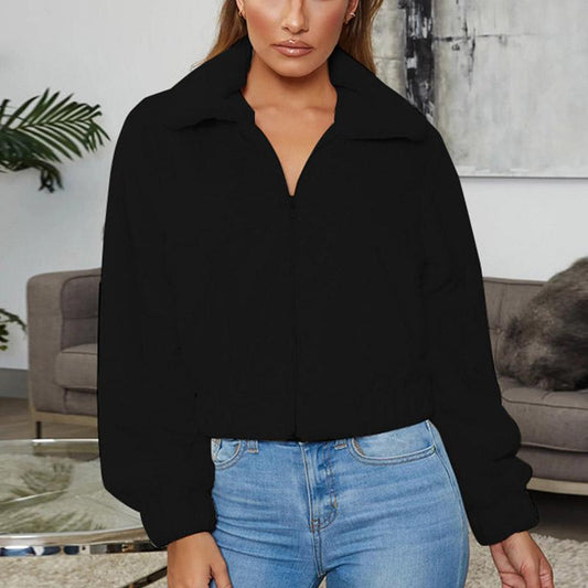 Sexy short fluffy jacket Elegant turndown collar zipper women