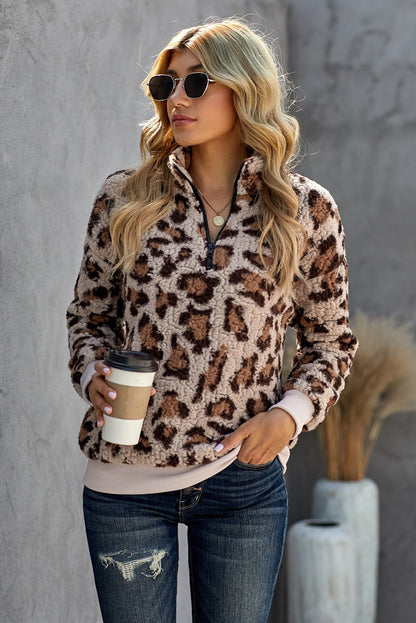 1/4 Zip Elastic Cuff Fashion Print Sherpa Pullover