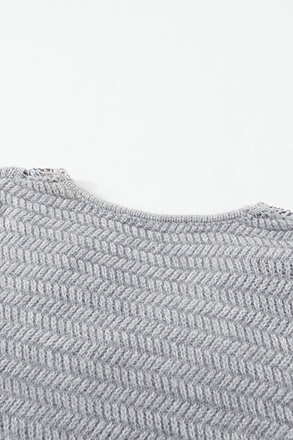 Gray Lace Scalloped V-Neck Side Split Loose Sweater