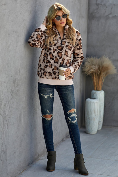 1/4 Zip Elastic Cuff Fashion Print Sherpa Pullover