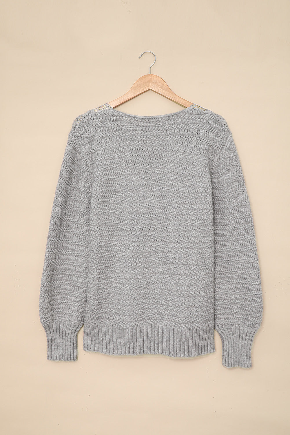 Gray Lace Scalloped V-Neck Side Split Loose Sweater