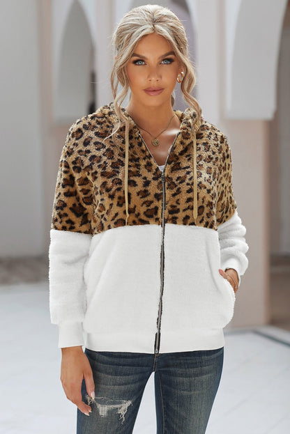 Leopard Color Block Sherpa Zip Up Coat