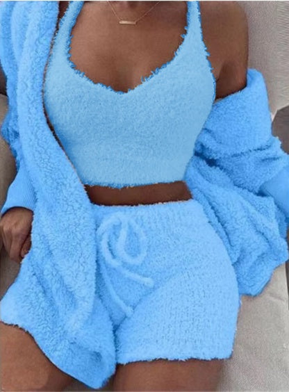 3pcs Women's Loungewear Set – Cozy Crop Tank, Drawstring Shorts & Long