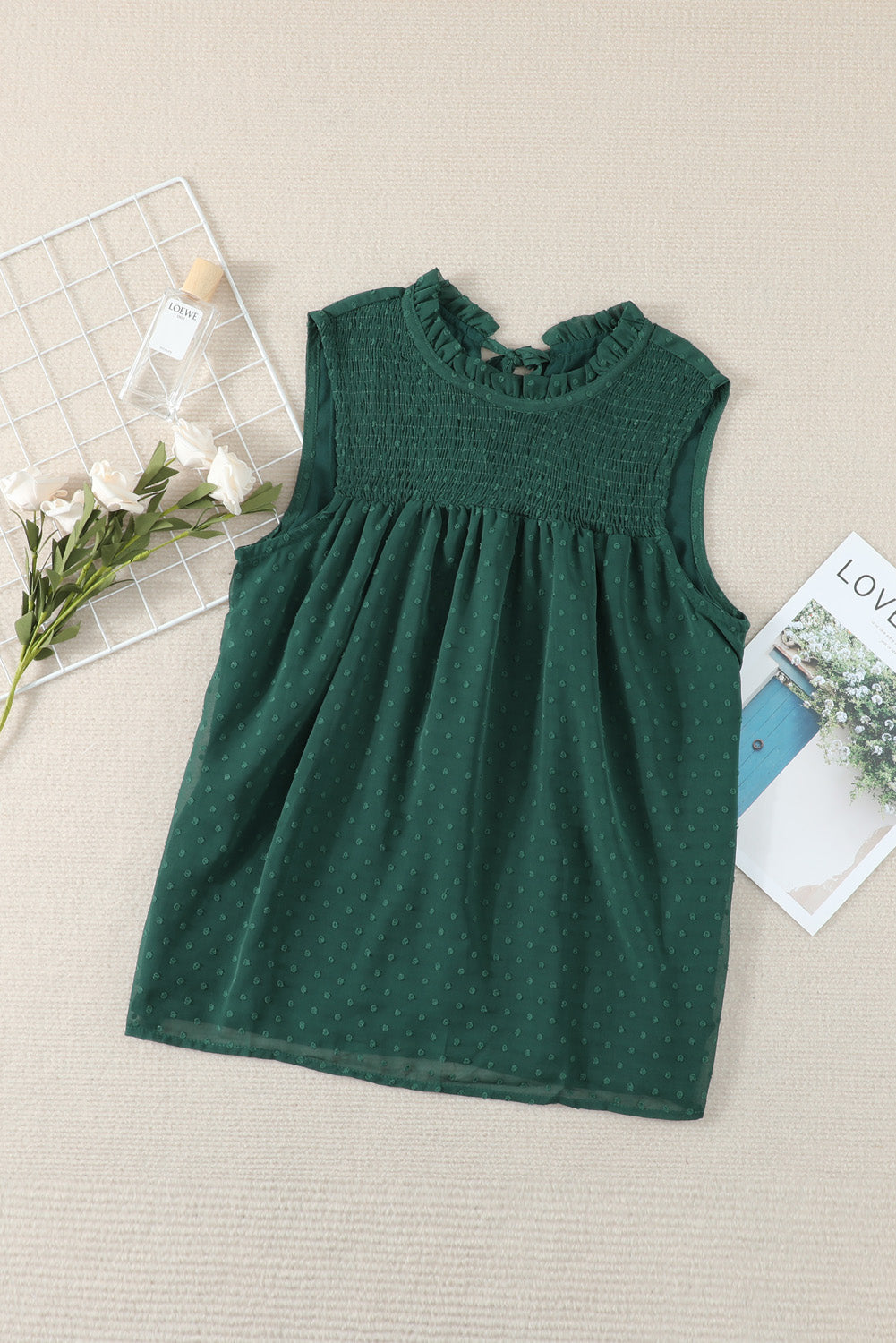 Green Swiss Dot Smocked Crew Neck Tank