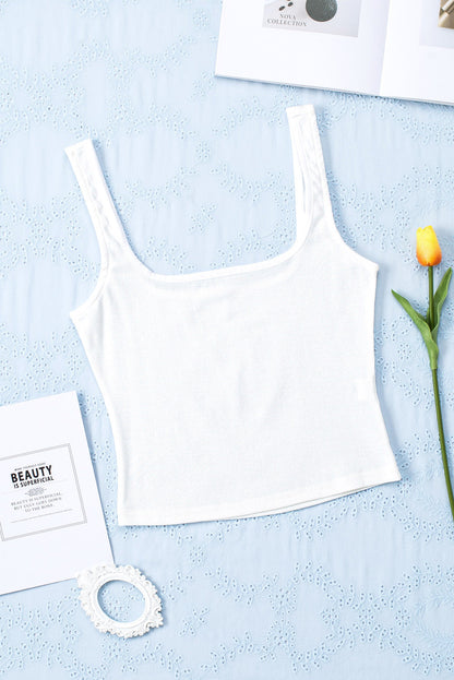 White Ribbed Knit Skinny Square Neck Tank Top