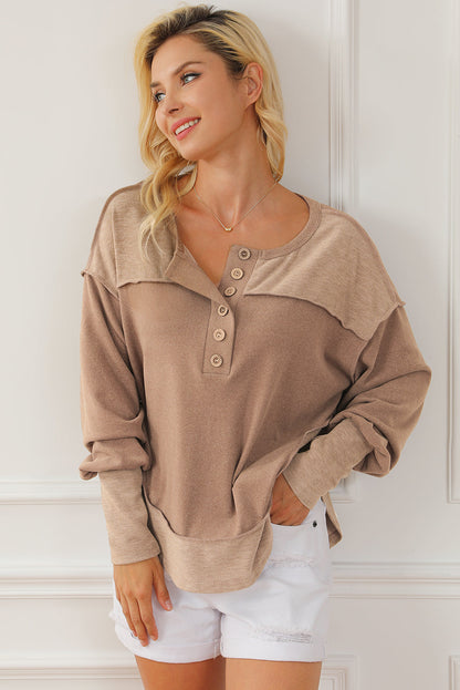 Dark Brown Exposed Seam Ribbed Thumbhole Sleeve Buttoned Sweatshirt