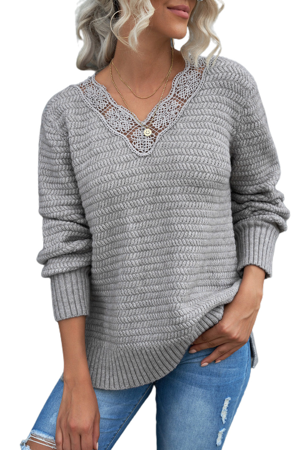 Gray Lace Scalloped V-Neck Side Split Loose Sweater