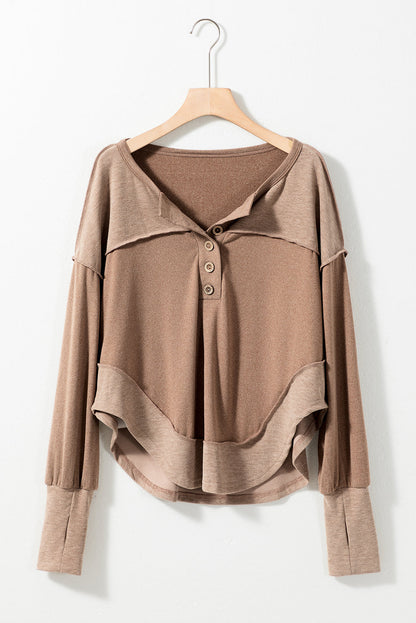 Dark Brown Exposed Seam Ribbed Thumbhole Sleeve Buttoned Sweatshirt