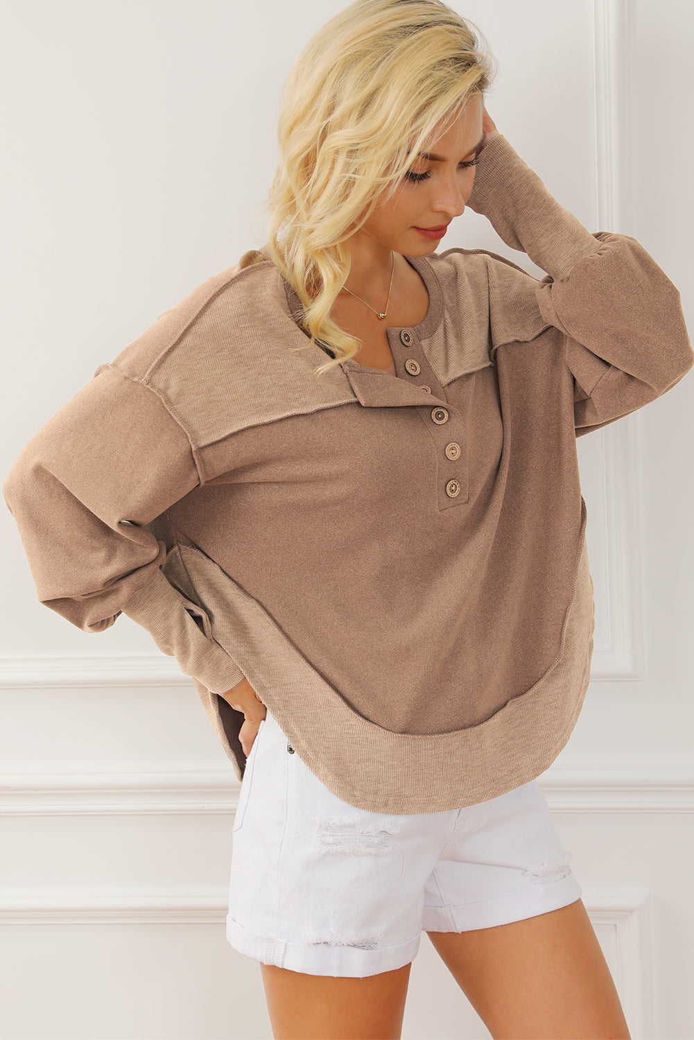 Dark Brown Exposed Seam Ribbed Thumbhole Sleeve Buttoned Sweatshirt