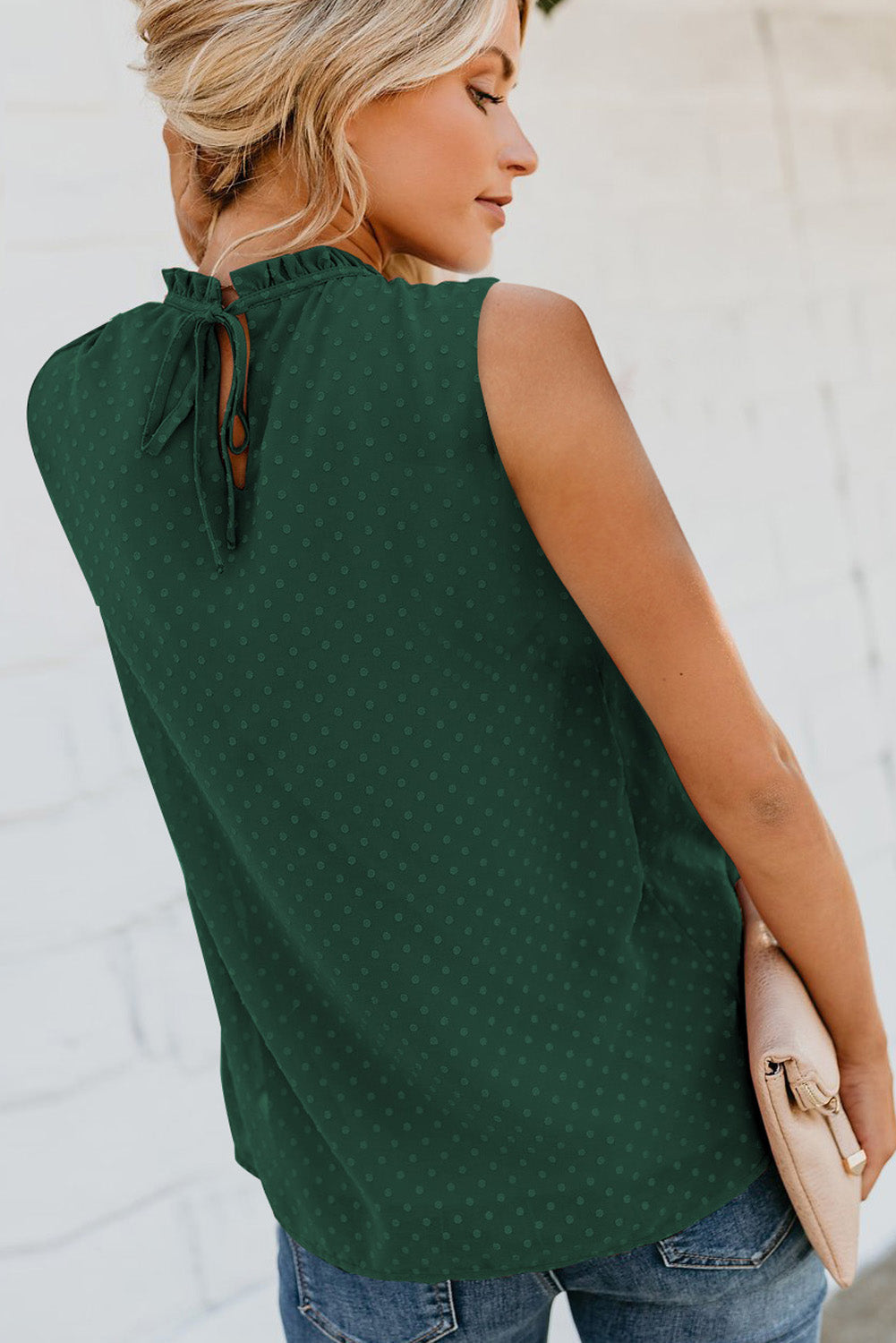 Green Swiss Dot Smocked Crew Neck Tank
