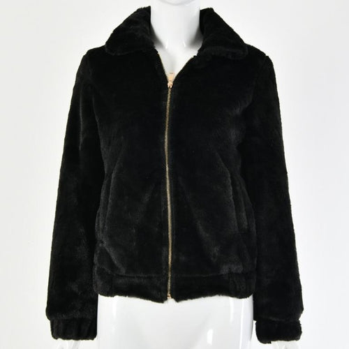 Sexy short fluffy jacket Elegant turndown collar zipper women