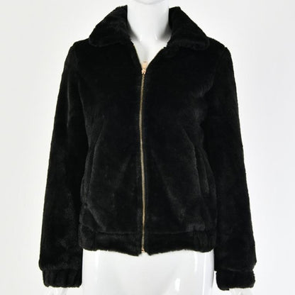 Sexy short fluffy jacket Elegant turndown collar zipper women