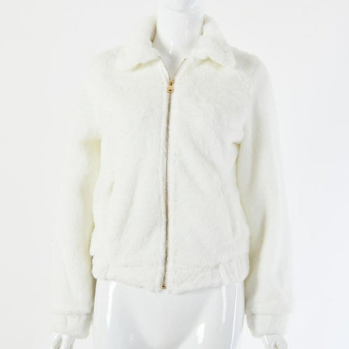 Sexy short fluffy jacket Elegant turndown collar zipper women