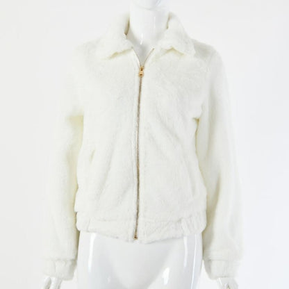 Sexy short fluffy jacket Elegant turndown collar zipper women
