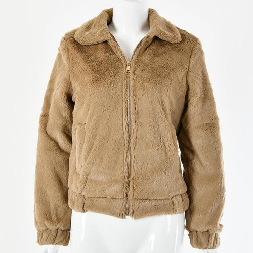 Sexy short fluffy jacket Elegant turndown collar zipper women