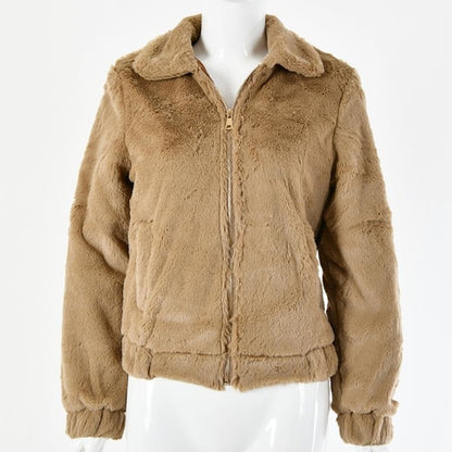 Sexy short fluffy jacket Elegant turndown collar zipper women