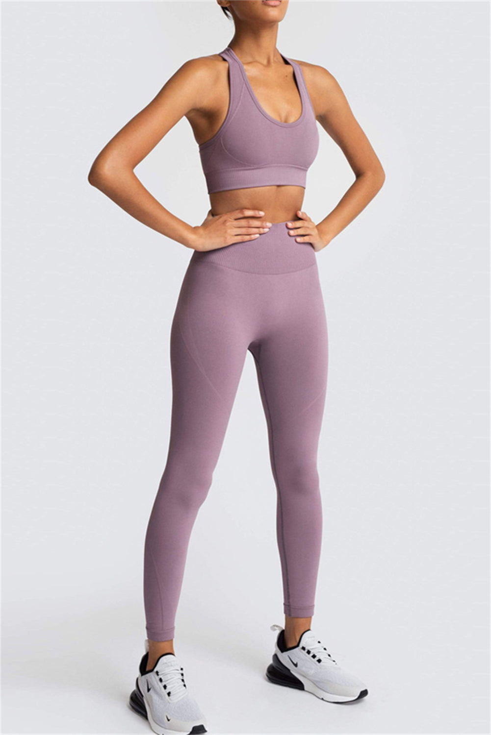 Dark Brown Solid Color Sports Bra and High Waist Leggings Active Set