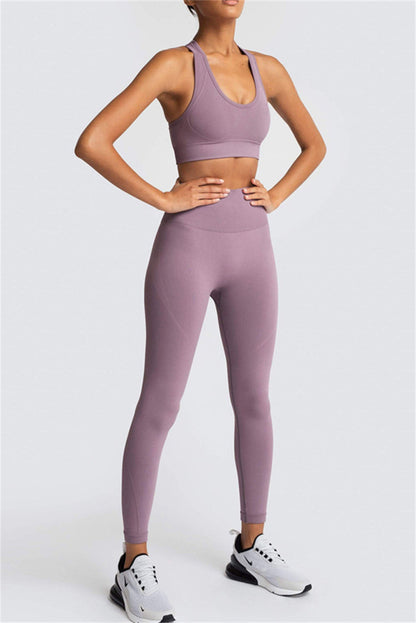 Dark Brown Solid Color Sports Bra and High Waist Leggings Active Set