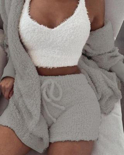 3pcs Women's Loungewear Set – Cozy Crop Tank, Drawstring Shorts & Long