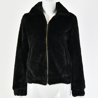 Sexy short fluffy jacket Elegant turndown collar zipper women